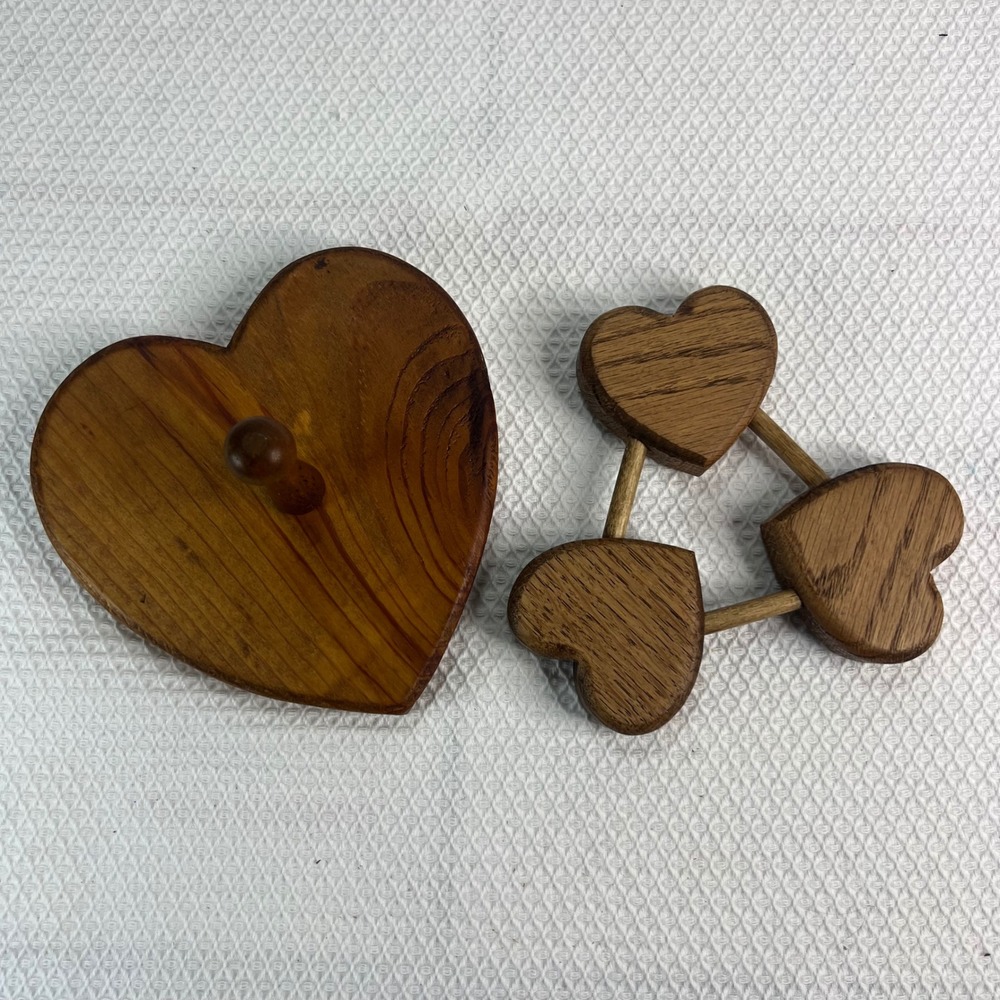 Vintage Wood Heart Wall Hook Peg and Triple Heart Trivet Set Rustic Farmhouse
